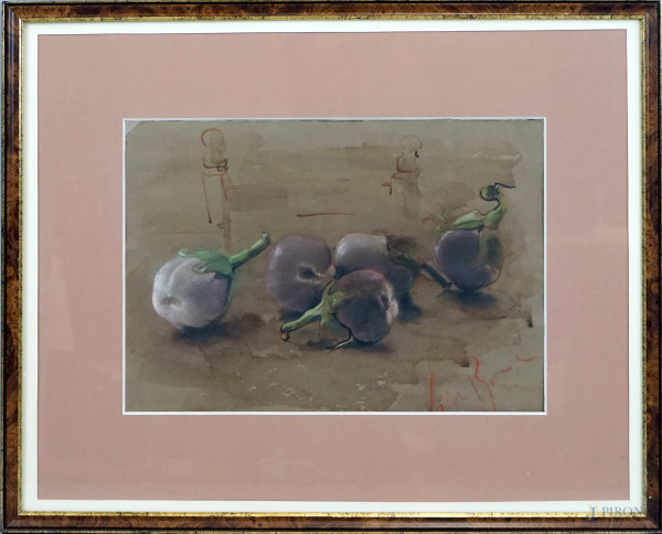 Natura morta-melanzane, acquarello su carta, cm 34,5x47, firmato, entro cornice