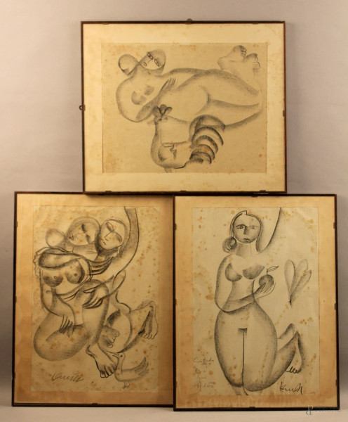 Kenneth De Lanerolle, lotto composto da tre disegni su carta, cm. 31x40, entro cornice.