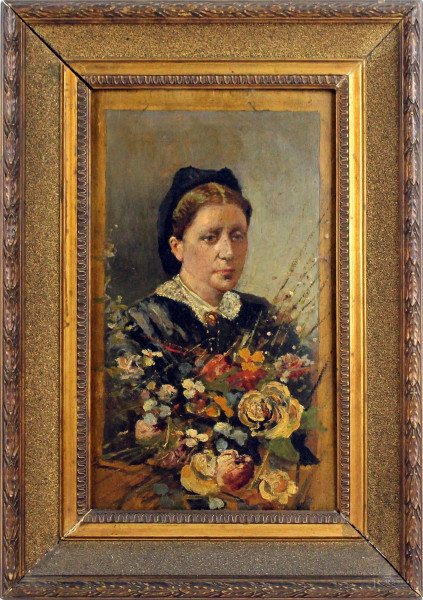 Ritratto di donna, olio su tavola, cm 30x18, XX secolo, entro cornice