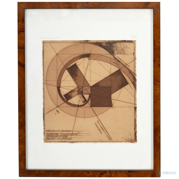 Giò Pomodoro, Cerchio Quadrato Sezione Aurea, litografia es. 66/100, cm 34x27  firmato in basso a destra, entro cornice