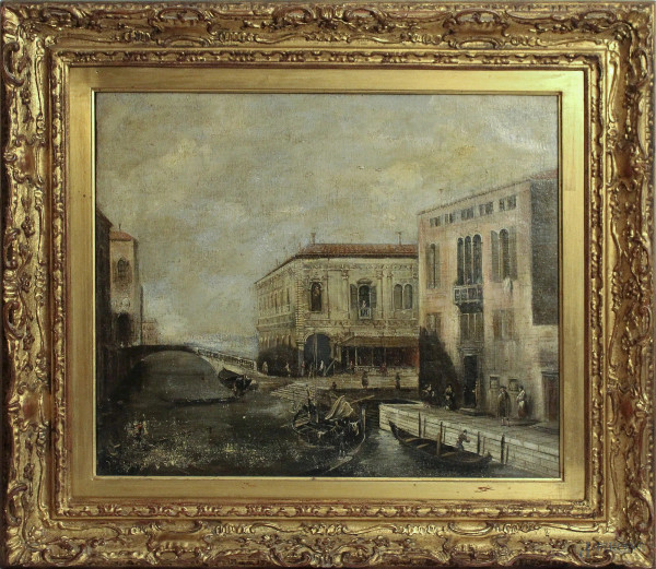 Scorcio di Venezia, dipinto ad olio su tela, XX sec., cm 50 x 60, entro cornice.