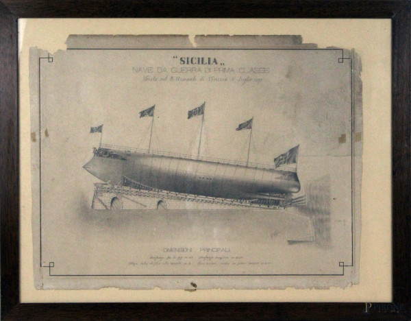Sicilia nave da guerra di prima classe varata nel R. Arsenale di Venezia il 6 luglio 1891, matita su carta, cm 48x62, firmato G. Fabris, entro cornice (difetti alla carta).