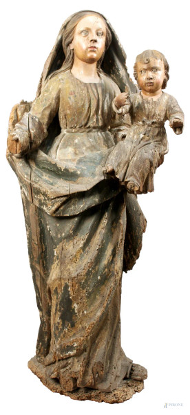 Madonna con Bambino, scultura in legno con tracce di policromia, scuola napoletana, altezza 140 cm, XVIII secolo, (difetti e mancanze).