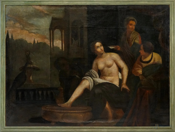 Scuola veneta della fine del XVII secolo, Betsabea al bagno, olio su tela, cm 151x202 circa, entro cornice