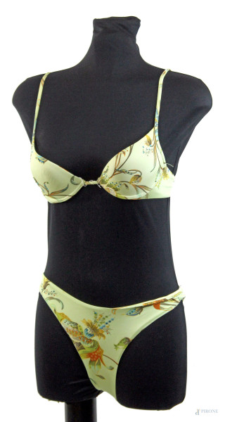 Les Copains Beachwear, costume da donna a due pezzi taglia IT 2, con vestito-copricostume trasparente a fantasia floreale e paillettes taglia S