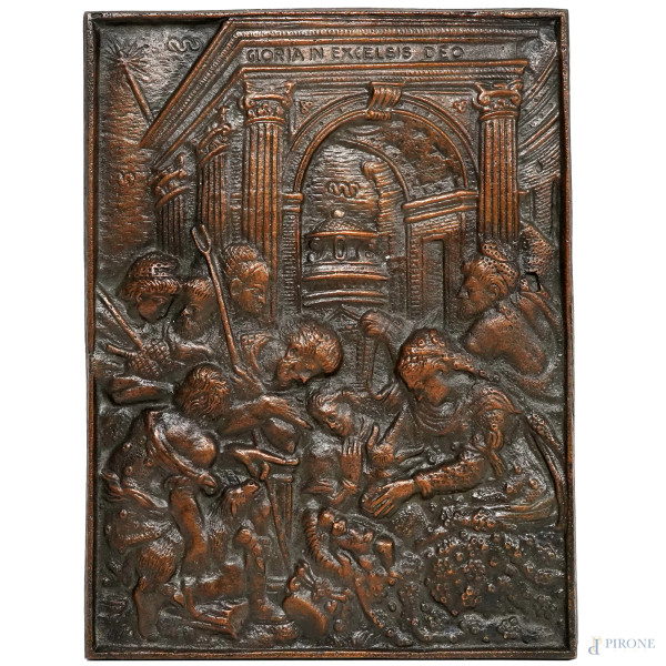 Placca in bronzo cesellato e sbalzato raffigurante la Natività, XX secolo cm 18x13,5