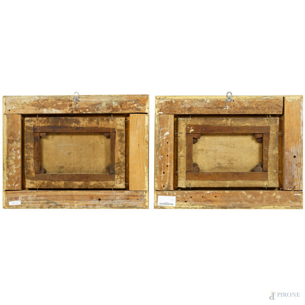 Scuola napoletana del XVII secolo, Coppia di paesaggi con figure, olio su tela, cm 22,8x32,5, ent...