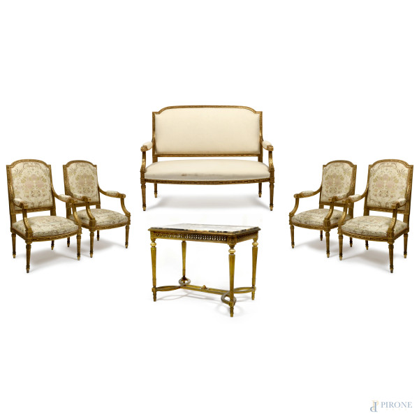 Salotto stile Impero in legno dorato e tappezzeria avorio e a motivi floreali, XIX secolo, (difetti)