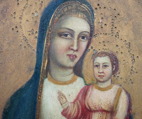 Pittore del XIX-XX secolo, Madonna con il Bambino e santi, olio su tavola, cm 68x36,5 (difetti)