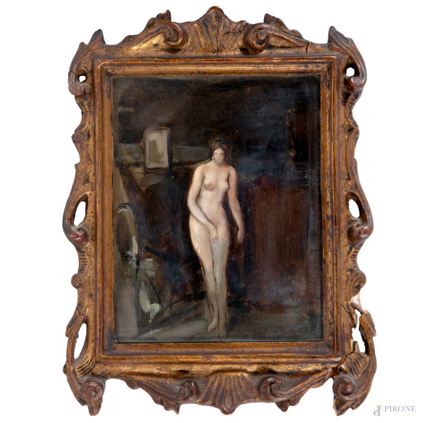 Marcello Coccon Saba, Nudo femminle, XIX-XX secolo, olio su cartone, cm 22,5x18, firmato in basso a destra, entro cornice, (difetti)