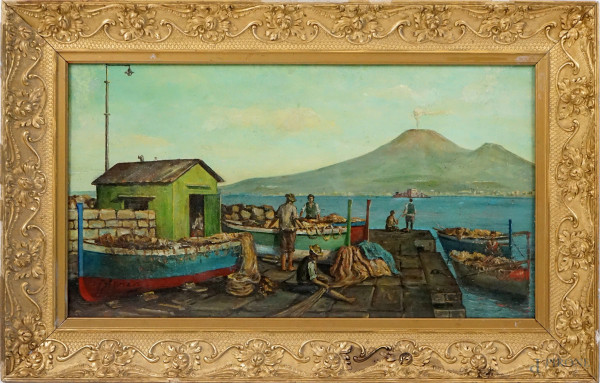 Scorcio del Golfo di Napoli, olio su tavola, cm 37x69, firmato, entro cornice.