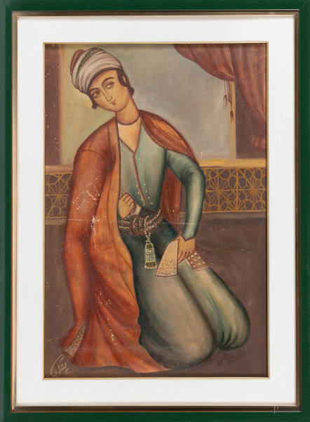 Donna persiana, XIX-XX secolo, olio su tela, cm 68x45, firmato in basso a sinistra, entro cornice, (cadute di colore, abrasioni)
