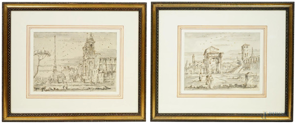 Trinità dei Monti e Piazza con figure, coppia di disegni realizzati ad  inchiostro bruno ed acquarello su carta, cm 17x22,5, XIX secolo, entro cornici, (macchie)