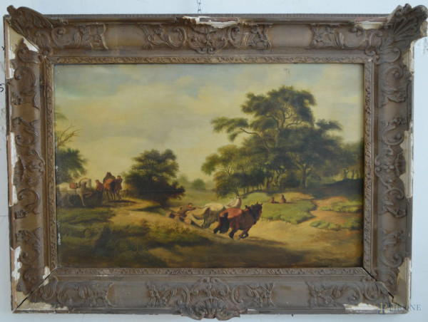 Paesaggio con cavalli e figure, olio su tavola 55x82 cm, entro cornice firmato, (difetti e mancanze alla cornice), XIX sec.