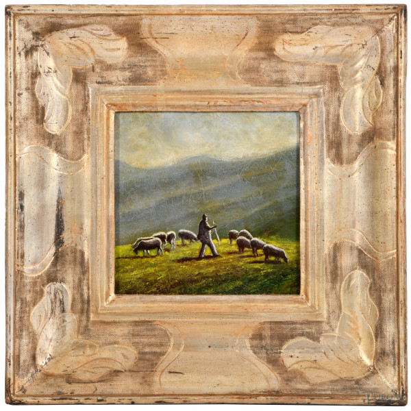 Al pascolo, XX secolo, olio su compensato, cm 19x19, entro cornice