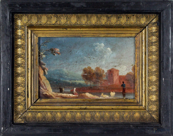 Pittore del XVIII secolo, Paesaggio fluviale con figure e armenti, olio su tela, , cm. 13x19, entro cornice.