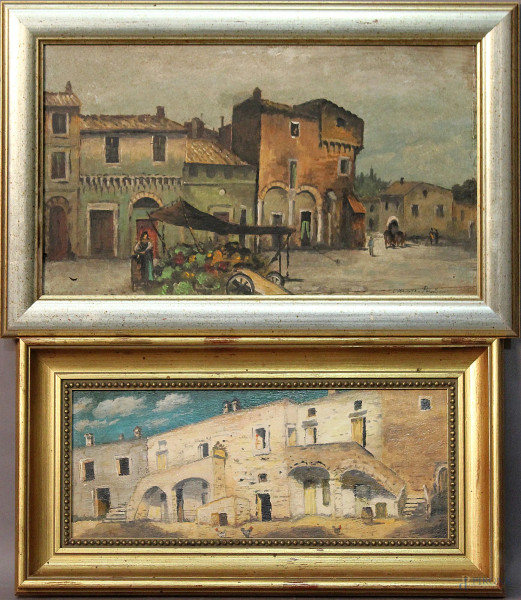 Lotto di due dipinti ad olio su tavola raffiguranti scorci di paese, misura max 47x27 in cornici firmati