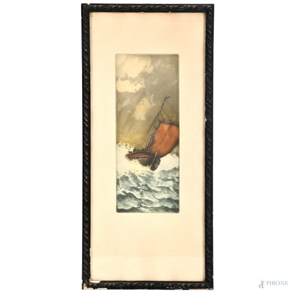 Marcel Augis, La tempesta, XIX-XX secolo, acquaforte su carta, cm 50x22