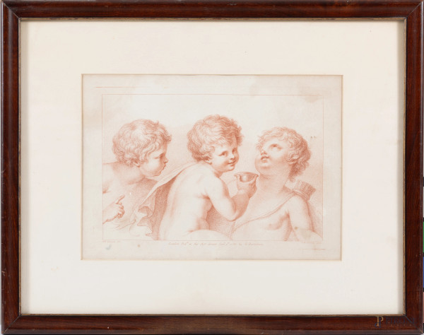 Putti, incisione da Francesco Bartolozzi, XIX secolo, cm 38x49 compreso passepartout, entro cornice, (segni di usura, tracce di umidità, foxing, gore)