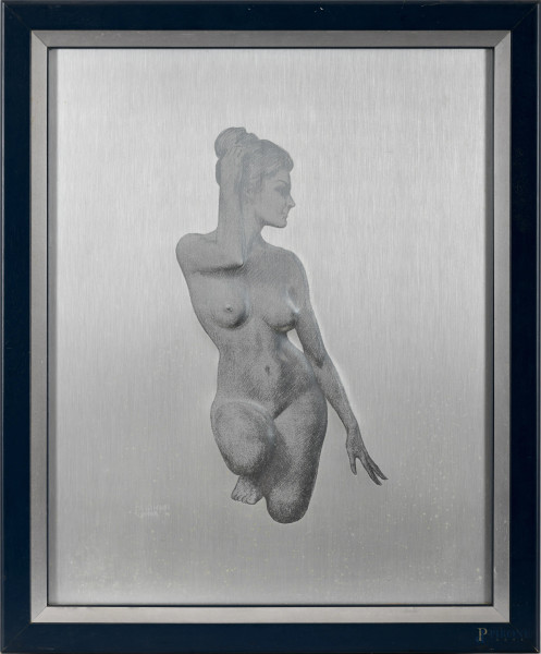 Marcello Cassinari Vettor, Nudo di donna su lastra di alluminio, firmato in basso, cm 50x40,5 entro cornice