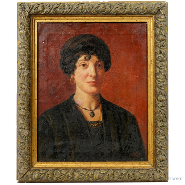 Ritratto di nobildonna, olio su tela, firmato e datato V. L. Torelli 1917, cm 40x50, entro cornice