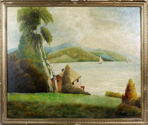 Scorcio di lago con imbarcazioni, olio su masonite, cm. 50x60, firmato N. Ferrari, entro cornice.