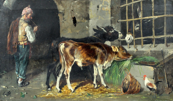 Interno di stalla con animali, olio su tela, cm. 30x51,5, firmato, (difetti sulla tela).