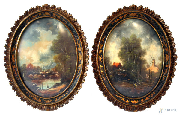 Coppia di paesaggi ad assetto ovale,  olio su compensato, cm 22,5x17, firmati, entro cornici.