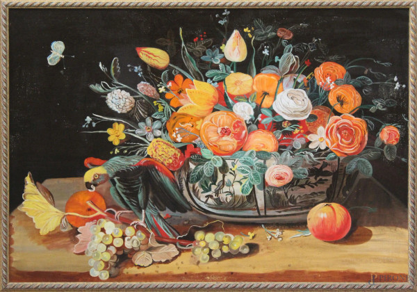 Natura morta con fiori, olio su tela, 70x100 cm