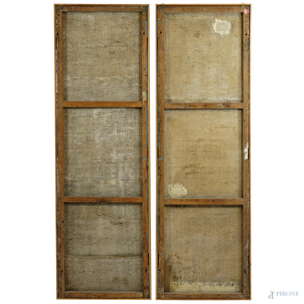 Coppia di pannelli decorati a chinoserie, con piante e volatili, fine XIX-inizi XX secolo, olio s...