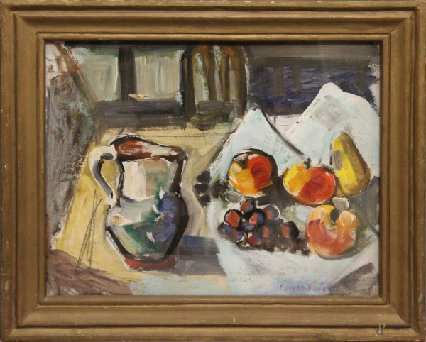 Marco Novati - Frutta e vasellame, olio su cartoncino, 30x40 cm, entro cornice
