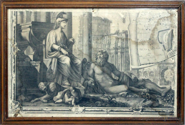Incisione riportata su tela raffigurante L&#39;Allegoria di Roma, cm. 45x70, XVIII secolo, entro cornice, (difetti).
