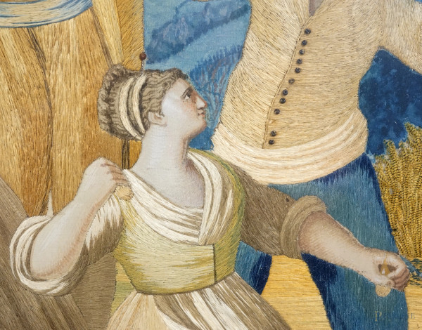 Quadro in seta ricamata rappresentante il ballo della Tarantella, XIX secolo, cm 42,5x57,5, entro...