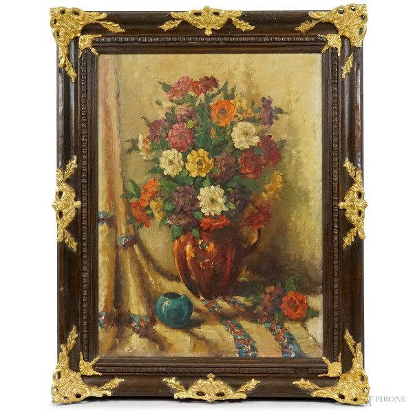 Vaso di fiori, olio su tela, cm 80x60,5, firmato, entro cornice.