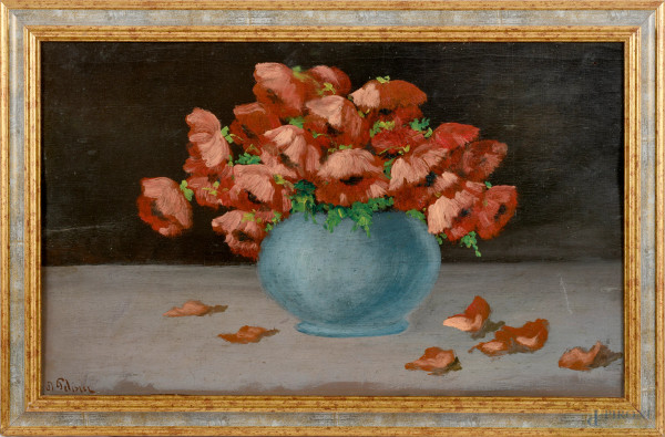 Vaso di fiori, olio su compensato, cm 37,5x61 entro cornice, XX secolo, firmato in basso a sinistra