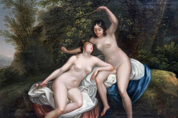 Artista della prima metà del XIX secolo, coppia di dipinti a pendant raffiguranti ninfe al bagno,...