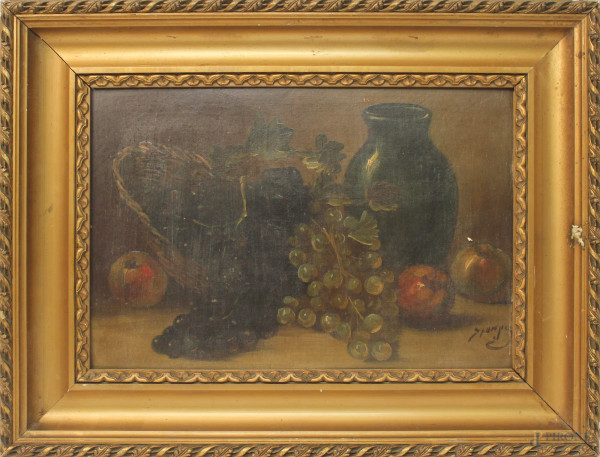 Natura morta, Frutta e vasellame, olio su tavola, cm 32x48, firmato, entro cornice.