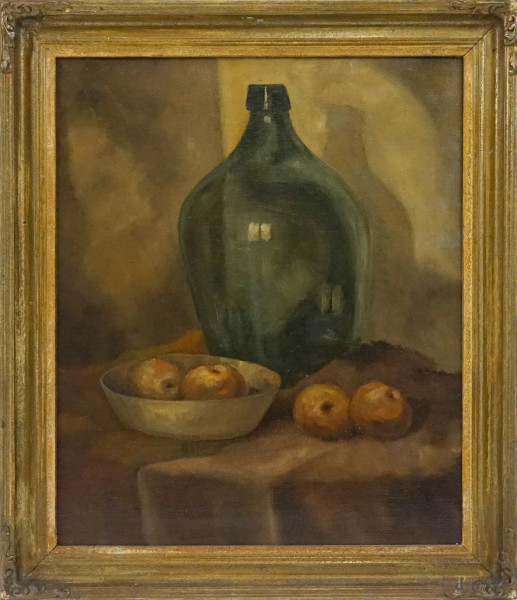 Natura morta- bottiglia e frutta, olio su tela, cm 60,5x50, XX secolo, in cornice
