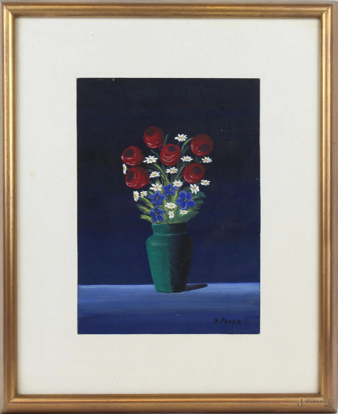 Vaso con fiori, olio su cartone, cm 25x18, firmato, entro cornice.