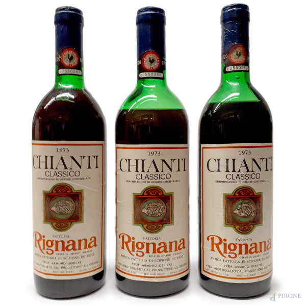 Chianti classico Fattoria Rignana, antica fattoria Scipione De Ricci, vendemmia 1973, lotto di tre bottiglie da 0,72 lt n. 2550283, 2550287 e 2550348, vini da collezione ed esposizione