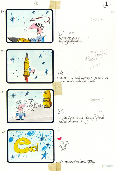Bruno Bozzetto (1938) Story board, pennarelli su carta, cm 30x20. L’opera fa parte di una serie realizzata nel 1988 per un cortometraggio e una campagna pubblicitaria dell’Enel. Pubblicata su “Il ruolo dello sportellista” Enel, 1988