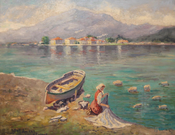 Scorcio di lago con paese e figure