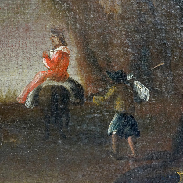Scuola italiana del XVII secolo, Paesaggio lacustre con viandanti, olio su tela, cm 63,5x94,3, en...