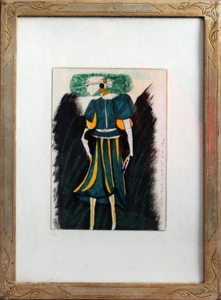 Remo Brindisi - Figura, tempera su tavoletta con autentica su foto dell&#39;artista, cm 30 x 21, entro cornice.