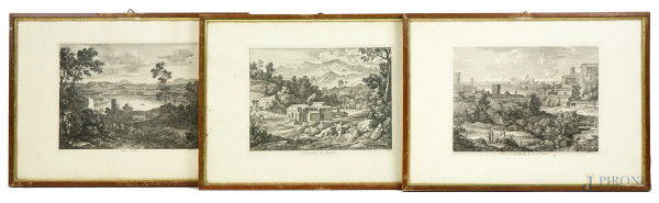 Lotto di tre incisioni raffiguranti "Veduta d'una parte di Roma Antica", "S. Francesco a Civitella" e "Acqua Cetosa", cm 24x34,5, incisore Josef Anton Koch (1768-1839), entro cornici