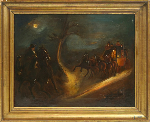 Assalto alla carrozza, olio su tela, XX secolo, cm 53x68.8, entro cornice