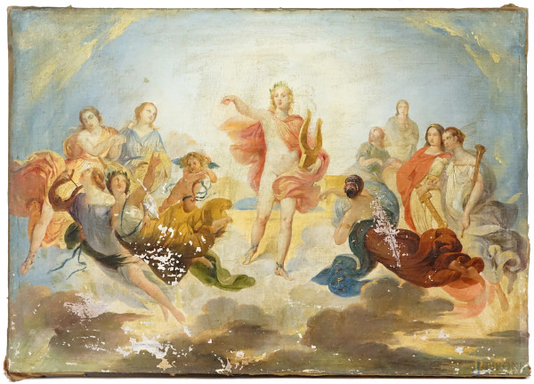 Pittore del XX secolo, Apollo e le Muse, olio su tela, cm 41x59, (difetti).