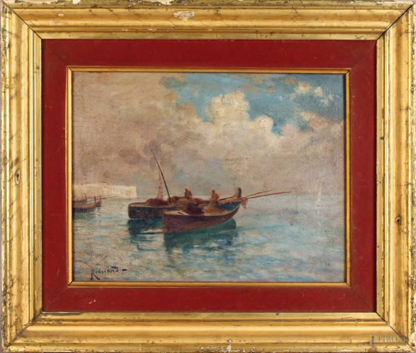 Oscar  Ricciardi - Marina con imbarcazioni ,olio su tavola 25,5x33,5 entro cornice.