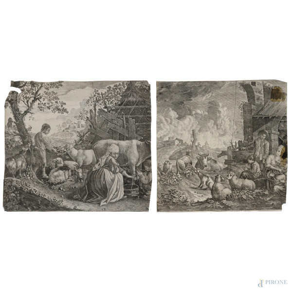 Lotto di due incisioni raffiguranti scene pastorali, XIX secolo, misure massime cm 32,5x37, (segni di usura, tracce di umidità, gore, foxing, lacerazioni della carta, tracce di piegatura)