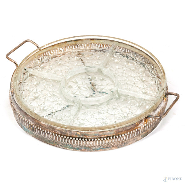 Antipastiera circolare  in metallo e cristallo, XX secolo, cm 6x29, (segni di usura)